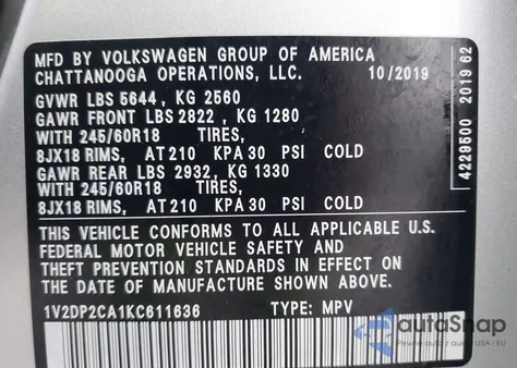 2019 Volkswagen Atlas 2.0T Se z USA, uszkodzony, nr VIN 1V2DP2CA1KC611636